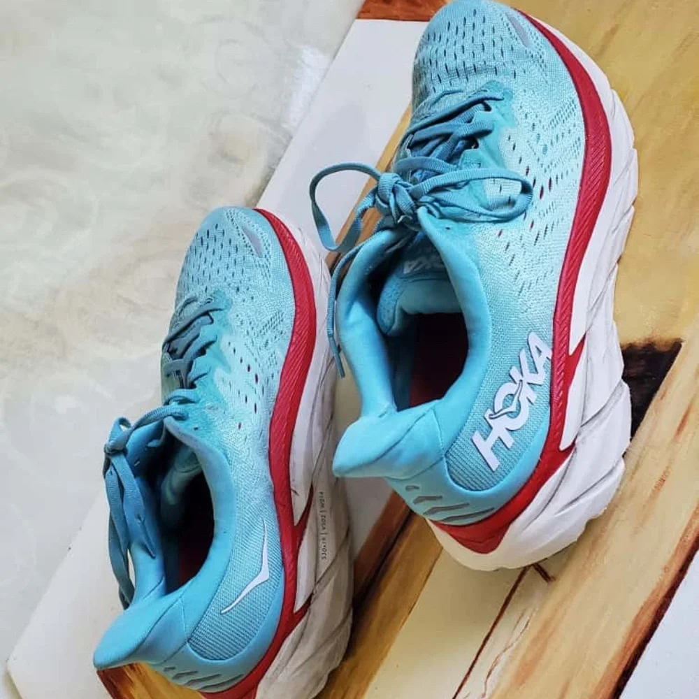 Hoka Light Blue with Red Accents Running Shoes Size 11B.